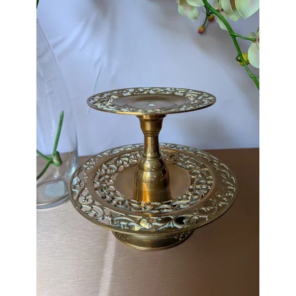 Vintage Brass Two Tiered Ornate Candle Holder Decor Tableware Candlestick - Picture 6 of 7